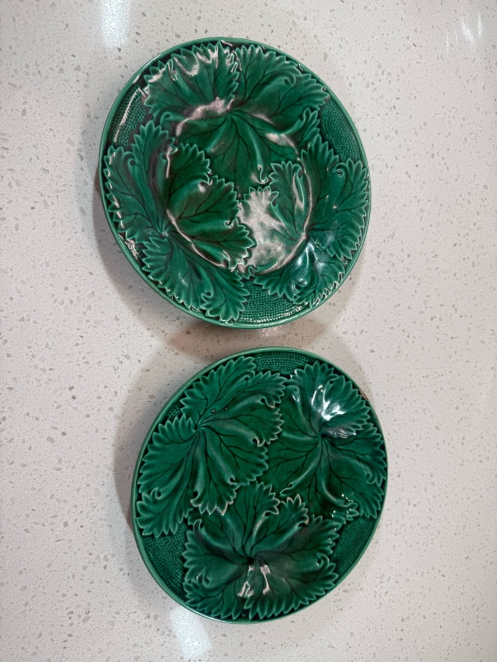 Set of 2 Lovely Antique English Green Floral Majolica Plates Circa 1890-1900
